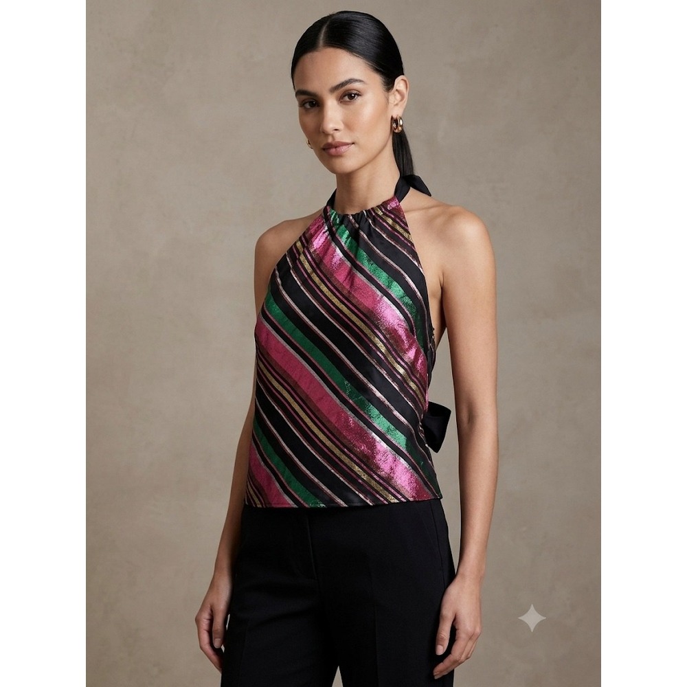 Trina Turk Metallic Stripe Halter Top | Tie-Back Statement Tank, Size Medium